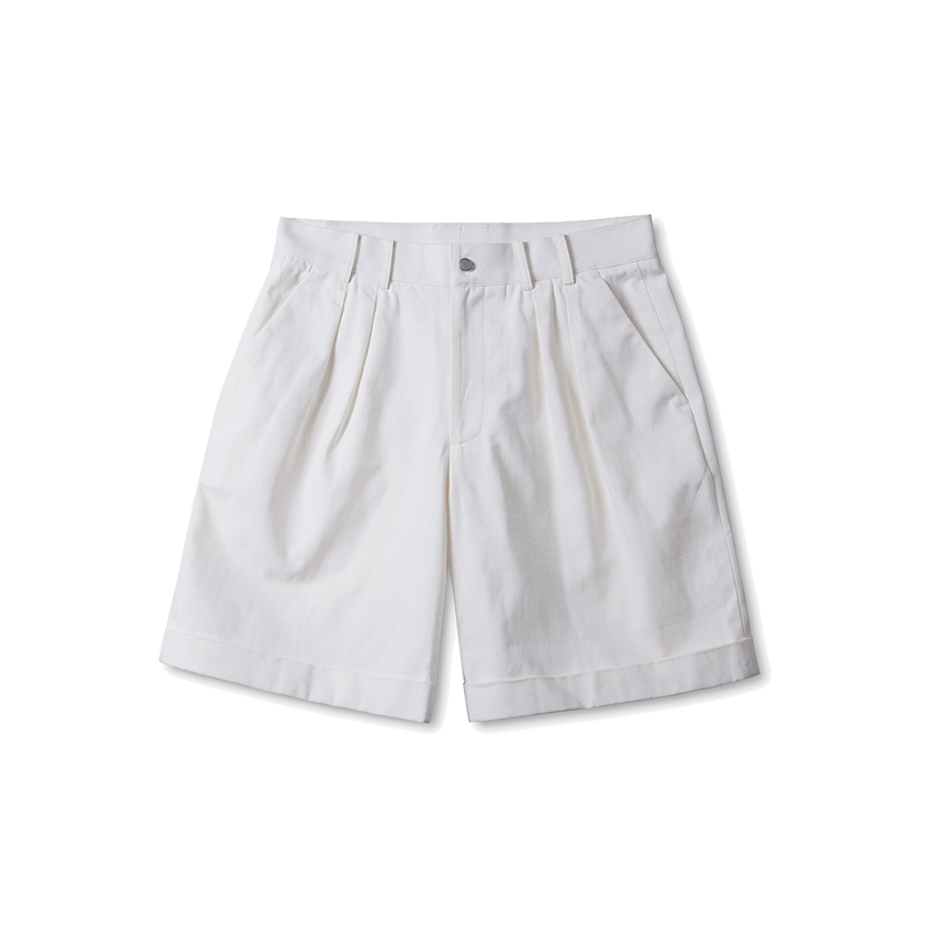 Pieghe Cotton Shorts in Ivory Herringbone